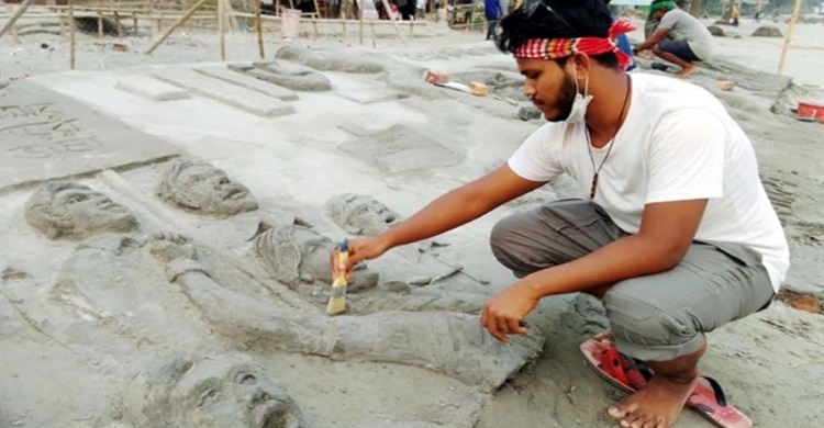 মুজিবশতবর্ষ উপলক্ষে কুয়াকাটায় নির্মাণ হচ্ছে বালু ভাস্কর্য